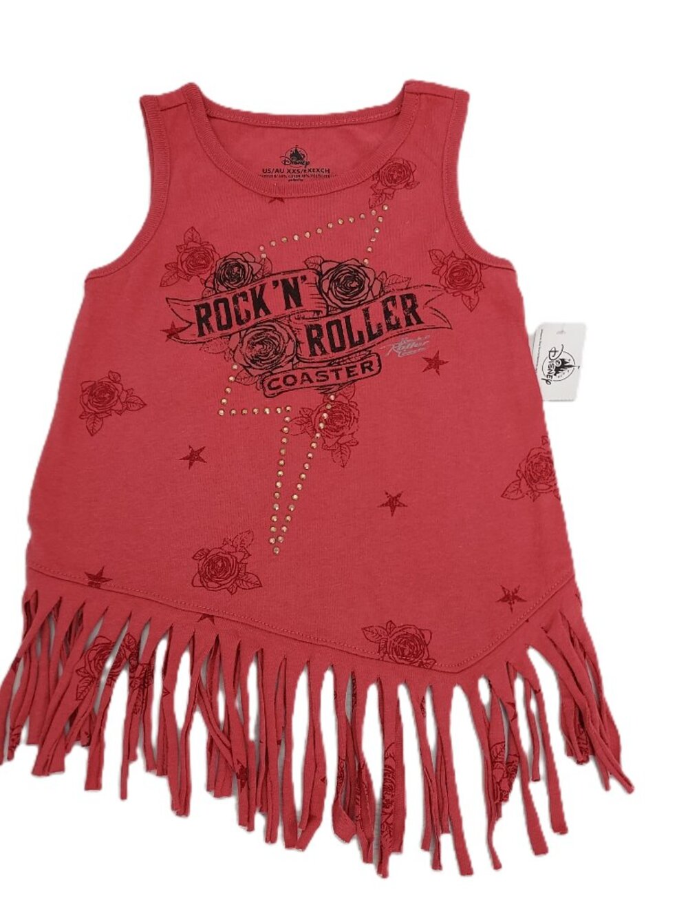 DISNEY PARKS CORAL ROCK N ROLLER COASTER GRAPHIC FRINGE KIDS TOP SIZE: XXS NWT